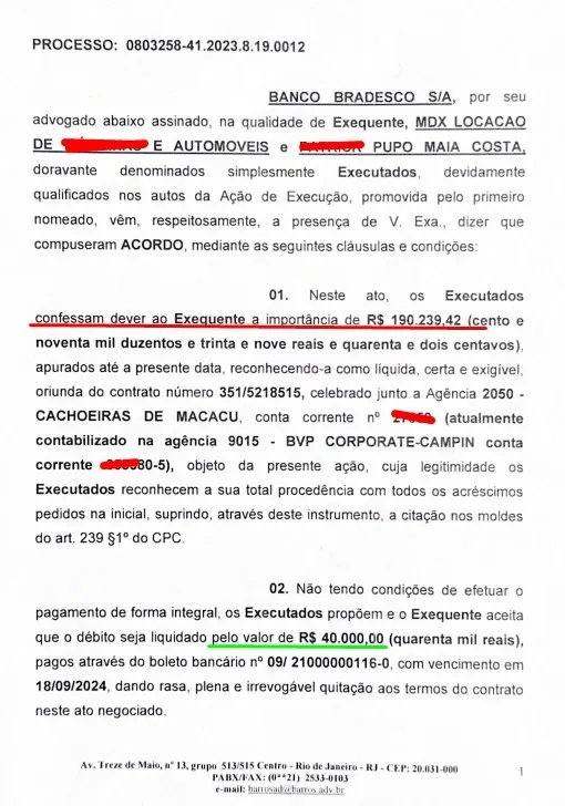 Acordo Bradesco — Redução de R$ 190.239 para R$ 40.000