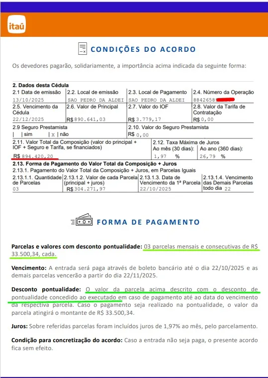 Acordo Itaú — Condições de pagamento